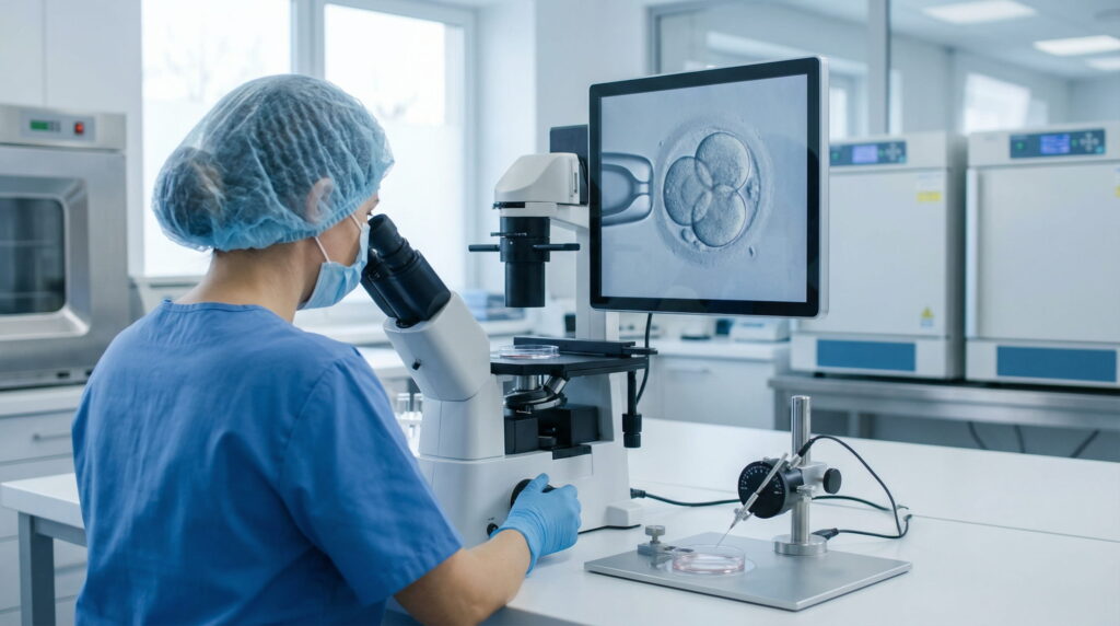 Embriolog într-un laborator FIV folosind microscop și echipamente de micromanipulare, cu imaginea embrionului afișată pe monitor.