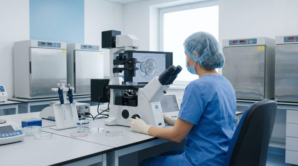 Embriolog analizând un embrion la microscop într-un laborator FIV dotat cu tehnologie modernă pentru fertilizare in vitro.