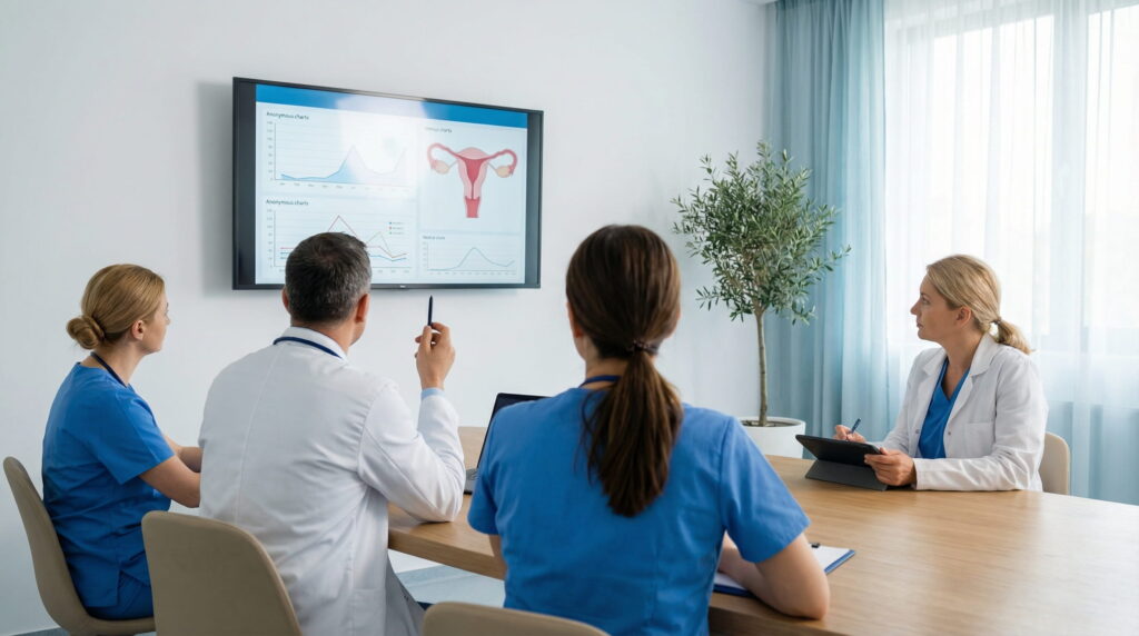 Echipă medicală într-o clinică FIV analizând grafice și date despre fertilitate, discutând strategia de tratament pentru fertilizare in vitro.