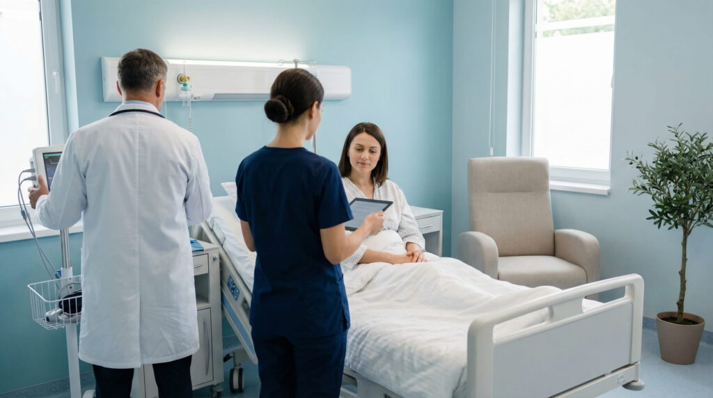 Medic și asistentă discutând cu o pacientă într-o clinică de fertilitate despre rezultatele și rata de succes a tratamentului FIV.