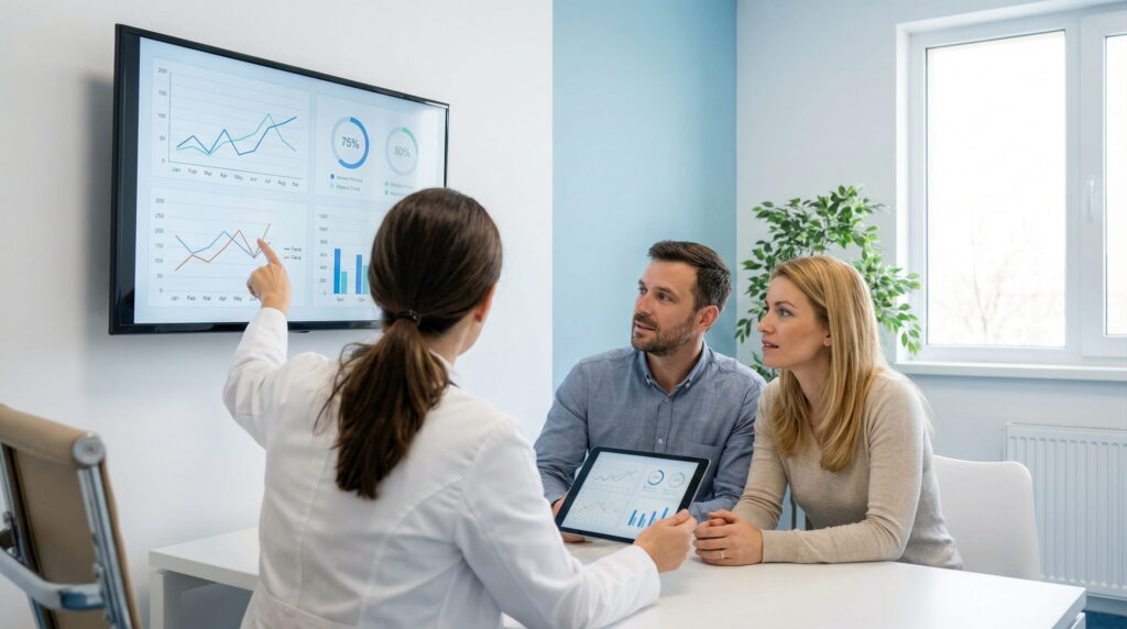 Medic explicând unui cuplu rezultatele și opțiunile de tratament FIV, folosind grafice și date medicale într-o clinică de fertilitate.