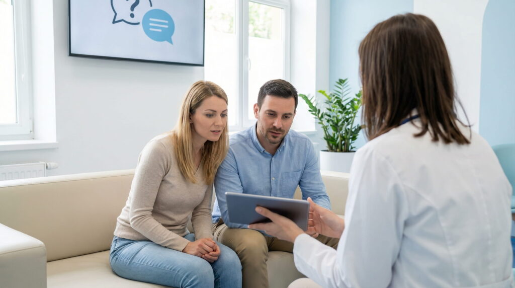 Medic discutând cu un cuplu într-o clinică FIV și răspunzând la întrebări despre fertilizare in vitro, evaluare și opțiuni de tratament.