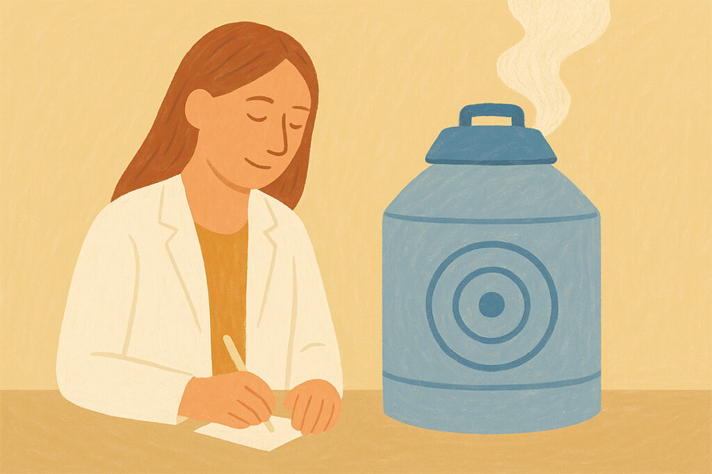 Ilustrație cu o specialistă în fertilitate care notează date lângă un rezervor de criogenare, simbolizând vitrificarea și crioconservarea ovocitelor.