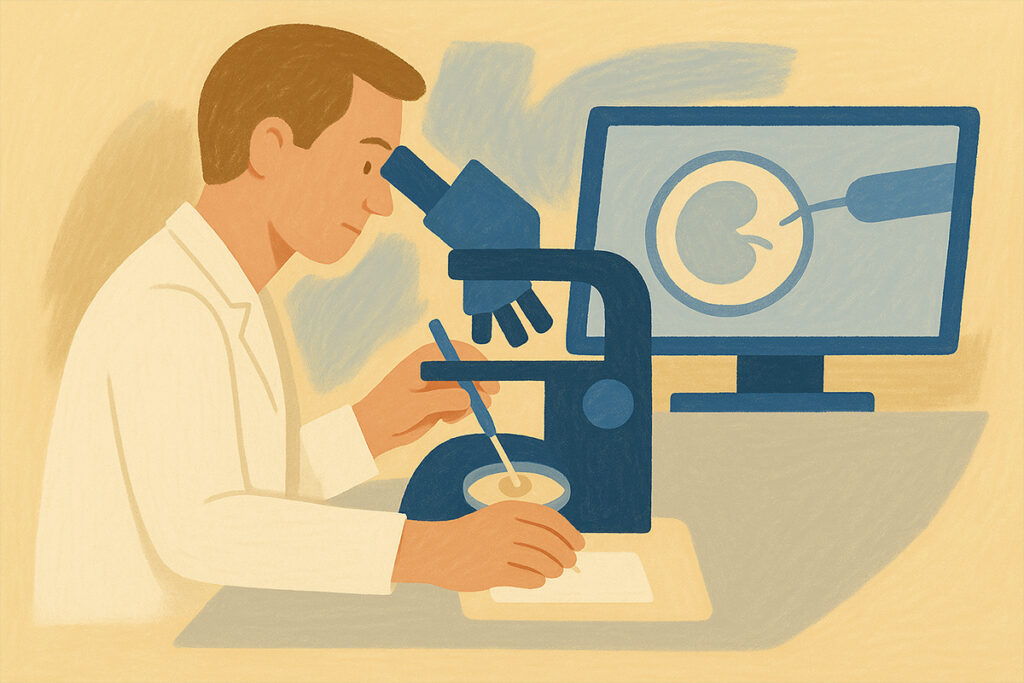 Ilustrație cu un embriolog care lucrează la microscop și injectează un spermatozoid într-un ovocit, reprezentând procedura ICSI (injectare intracitoplasmatică a spermei) (FIV vs. ICSI).