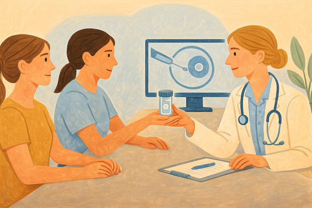 Ilustrație cu două femei în discuție cu un medic specialist în fertilitate, care primește un recipient cu ovocite, pe fundal fiind afișată pe monitor o procedură de fertilizare in vitro.