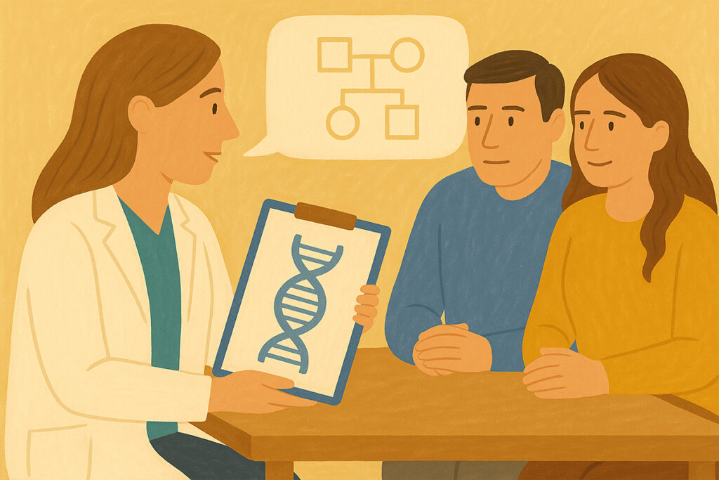 Ilustrație cu medic genetician care discută cu un cuplu despre consilierea genetică înainte de FIV, ținând o fișă cu simbolul ADN și explicând arborele genealogic.