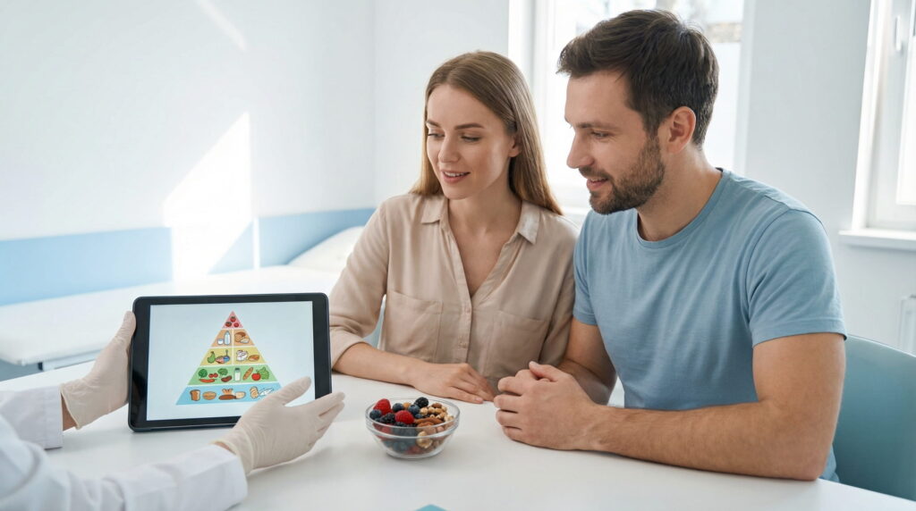 Cuplu la consultație discutând cu medicul despre nutriția pentru fertilitate, analizând piramida alimentară și rolul alimentației în echilibrul hormonal și calitatea ovocitelor și spermatozoizilor.