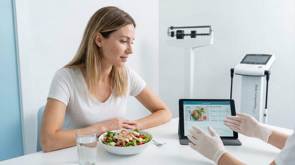 Consultație de nutriție pentru fertilitate în care sunt discutate alimentele de limitat, precum produsele ultra-procesate și zahărul, pentru susținerea echilibrului metabolic și hormonal.