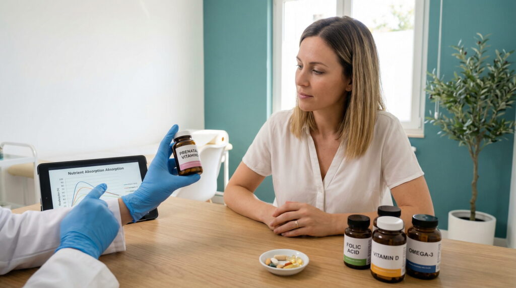 Consultație despre suplimente pentru fertilitate: specialistul explică rolul folatului, vitaminei D și omega-3, pe baza analizelor, înainte de concepție sau FIV.