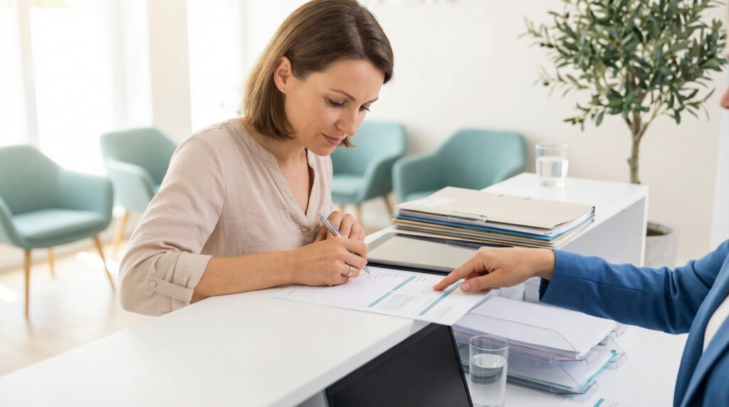 Pacientă completează și semnează documentele necesare pentru înscrierea în Programul Național FIV 2025 la recepția unei clinici.