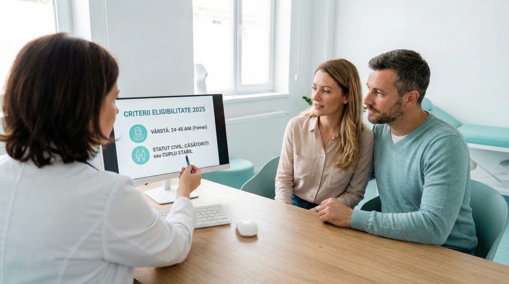 Medic prezintă pe un monitor criteriile de eligibilitate pentru Programul Național FIV 2025 unui cuplu aflat în consultație.