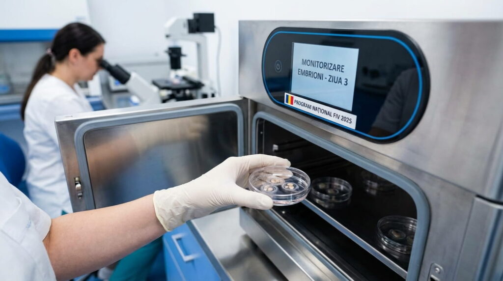 Embriolog introduce o placă cu embrioni într-un incubator din laboratorul de fertilizare in vitro pentru monitorizarea dezvoltării embrionare.
