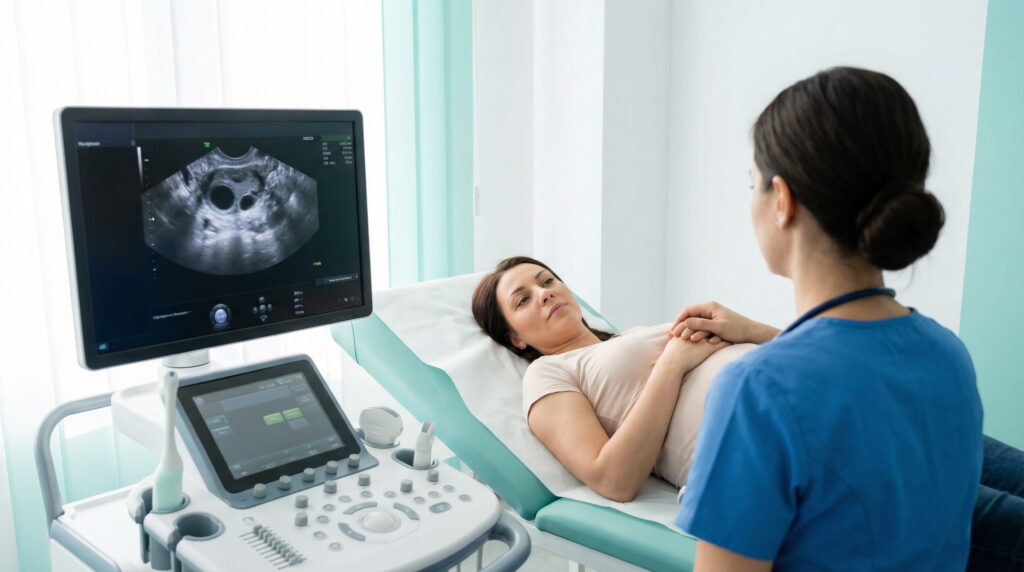Pacientă supusă unei ecografii într-o clinică, ca parte a monitorizării după transferul embrionar în cadrul procedurii FIV.