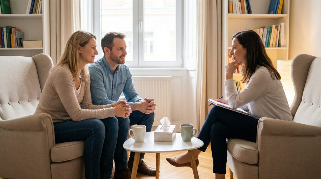 Cuplu discutând cu un specialist într-un cabinet medical despre pregătirea emoțională pentru procedura de fertilizare in vitro.