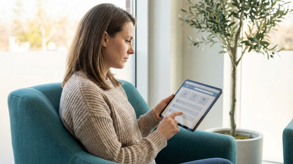 Femeie folosește o tabletă pentru a căuta informații și răspunsuri despre Programul Național FIV 2025.