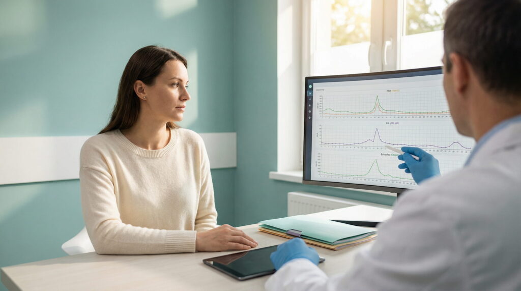 Consult medical în care o pacientă discută cu medicul despre analize hormonale pentru fertilitate, cu grafice de FSH, LH și estradiol afișate pe monitor.