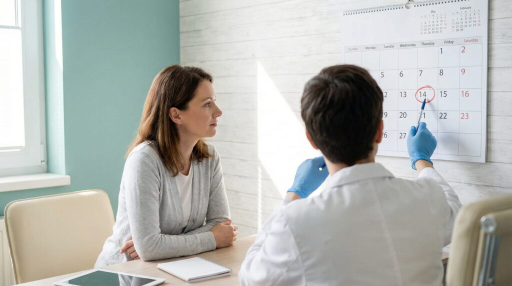 Medic indicând pe calendar ziua potrivită pentru recoltarea analizelor hormonale în funcție de ciclul menstrual, în timpul unui consult de fertilitate.