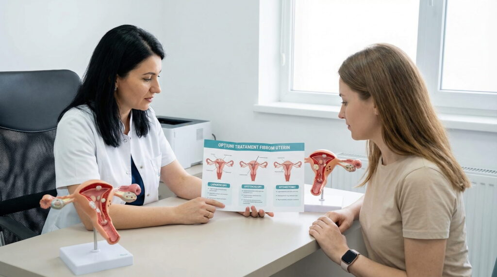 Medic ginecolog explicând opțiunile de îndepărtare a fibromului uterin, inclusiv histeroscopie, laparoscopie și miomectomie, în cadrul consultației