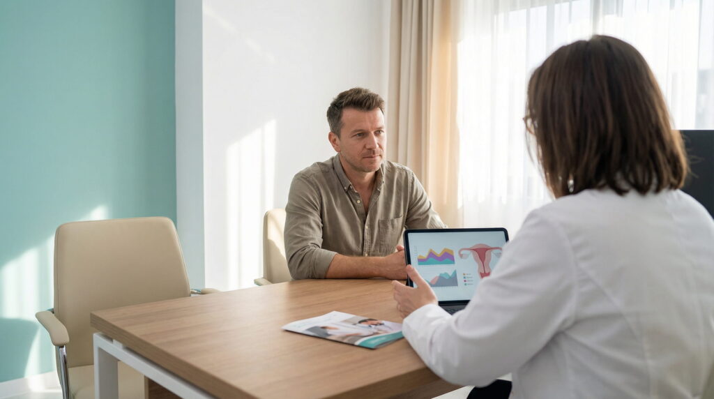 O fotografie dintr-o cameră de consultație modernă la o clinică de fertilitate, unde un bărbat în cămașă stă la birou și privește spre un medic în halat alb, văzut din spate. Pe birou este o tabletă cu grafice și diagrame anatomice, iar camera este luminoasă, cu pereți albi și accente turcoaz.