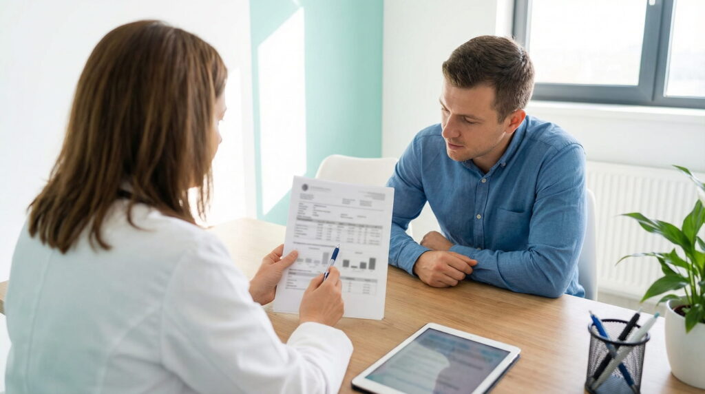 O fotografie dintr-un cabinet medical luminos, unde o doctoriță în halat alb, văzută din spate, indică cu un pix pe un document medical cu conținut încețoșat, așezat pe un birou de lemn, în timp ce un pacient bărbat în cămașă albastră o ascultă atent.