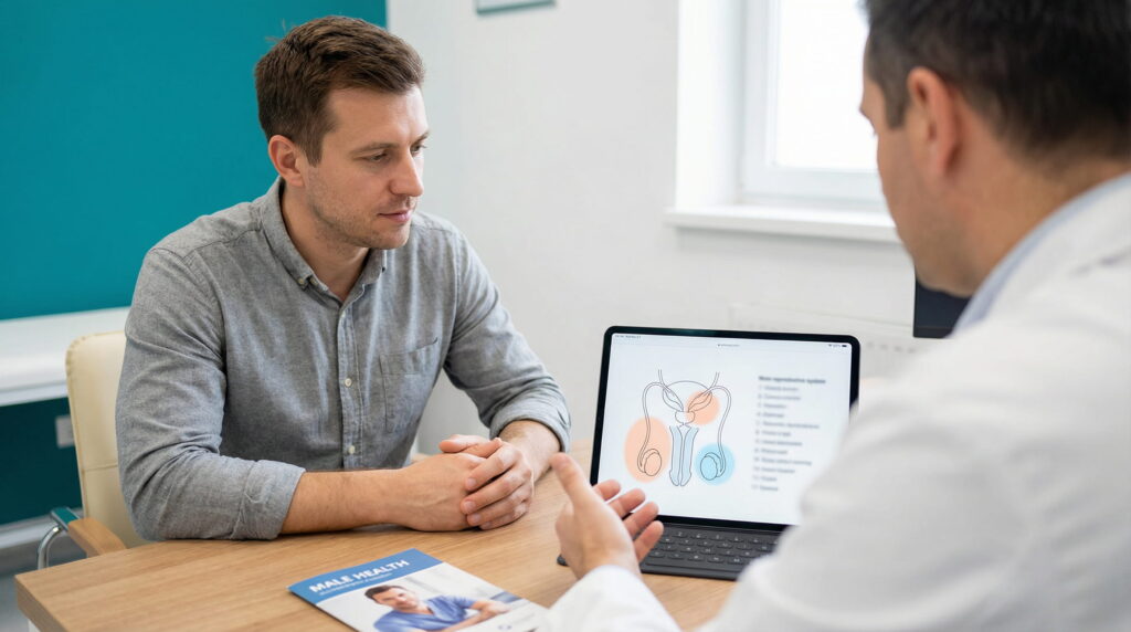 O fotografie dintr-un cabinet medical luminos, în care un bărbat în cămașă gri ascultă atent explicațiile unui medic în halat alb, văzut din spate. Pe biroul de lemn se află o tabletă care afișează o diagramă a sistemului reproductiv masculin cu zone evidențiate, precum și o broșură despre sănătatea masculină.