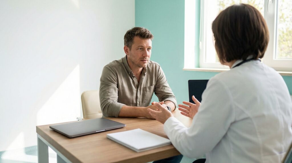 O fotografie dintr-un cabinet de consultații luminos, cu un perete accent turcoaz. Un bărbat cu păr șaten, purtând o cămașă casual, stă la un birou de lemn și ascultă cu atenție un medic femeie în halat alb, văzută din spate, care gesticulează cu ambele mâini. Pe birou se află un laptop închis și un caiet, fără text vizibil.