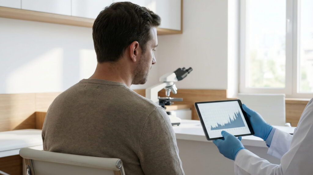Un pacient de sex masculin privește un grafic pe o tabletă ținută de un medic cu mănuși într-un cabinet medical modern, cu un microscop în fundal.