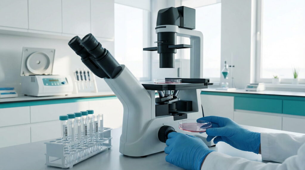 Un specialist într-un laborator modern examinează o placă Petri la un microscop avansat, cu eprubete și echipamente științifice în fundal.