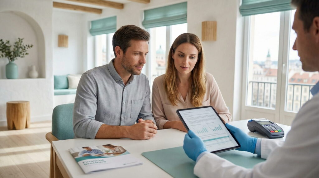 Un cuplu stă la o masă într-o clinică modernă și luminoasă, privind o tabletă cu date financiare ținută de un medic cu mănuși; pe masă se află un terminal de plată și o broșură.