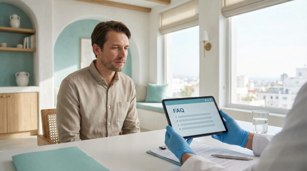 Un pacient de sex masculin într-o clinică modernă privește o tabletă pe care scrie "FAQ", ținută de un medic care poartă mănuși albastre.