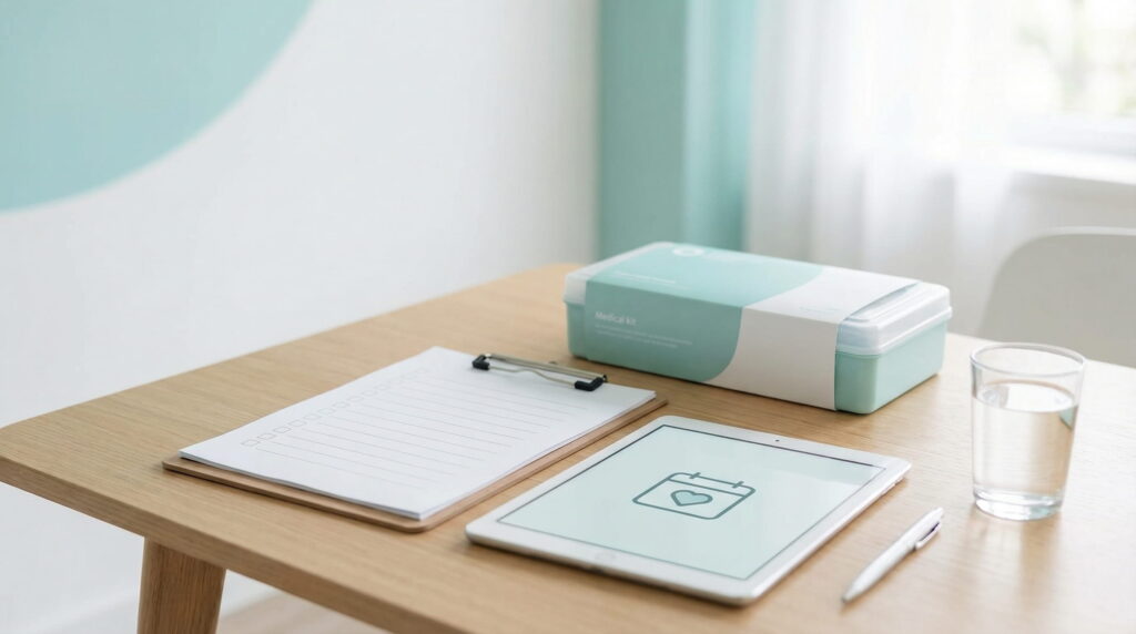 Masă de consultație cu clipboard, kit medical și tabletă cu calendar, pregătite pentru analizele de fertilitate.