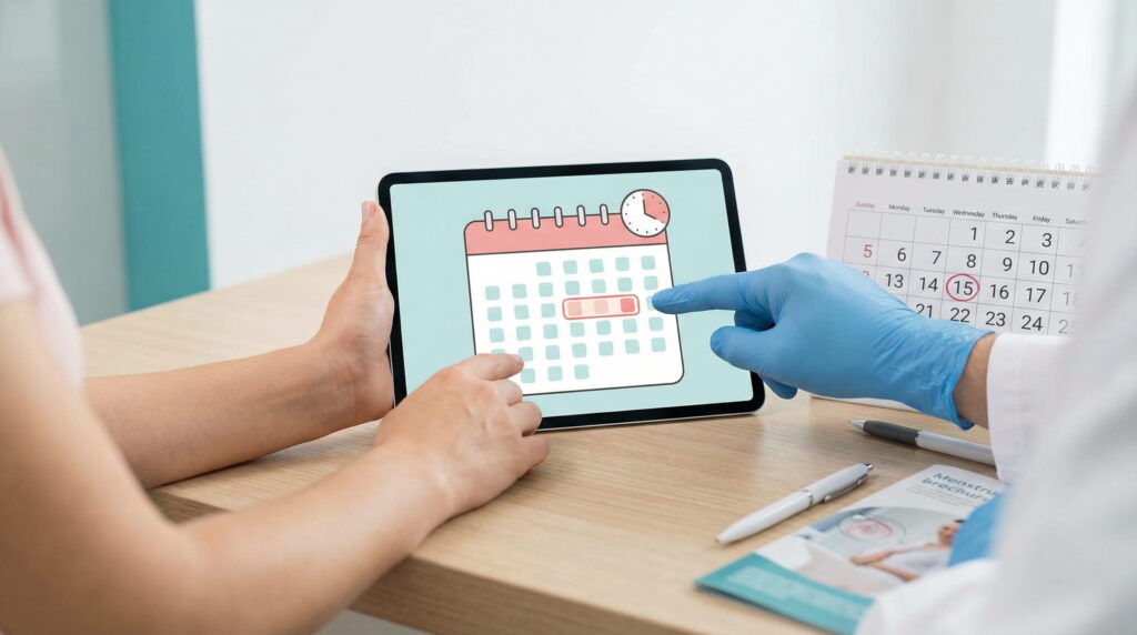 Mâna unui medic cu mănușă albastră indică o perioadă specifică pe un calendar digital afișat pe o tabletă, în timp ce discută cu o pacientă într-un cabinet medical.