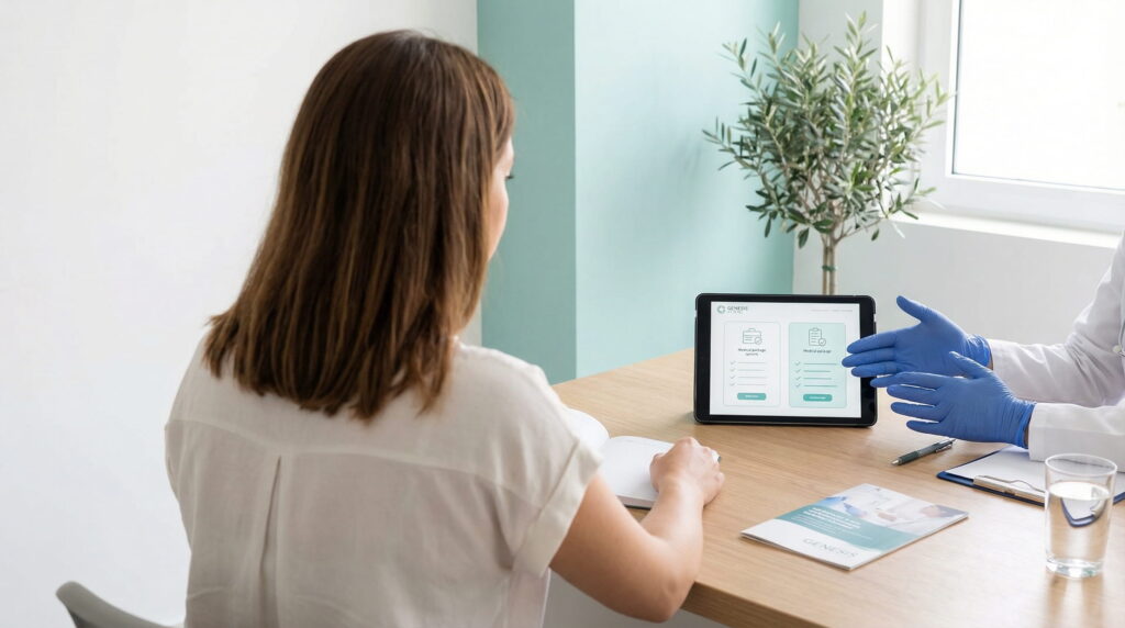 Mâinile unui medic cu mănuși albastre indicând spre o tabletă care afișează o comparație între pachete medicale, în timpul unei consultații cu o pacientă într-un cabinet luminos.