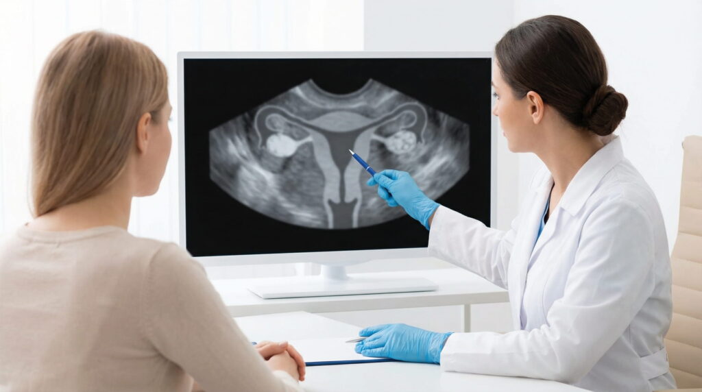 Doctoriță explicând o ecografie transvaginală a uterului și ovarelor unei paciente pe un monitor de computer.