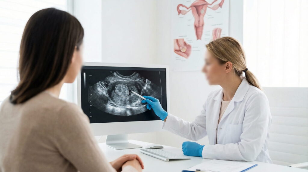 Medic ginecolog (femeie) cu mănuși albastre indică o zonă încercuită pe o imagine ecografică a uterului afișată pe monitor, în timp ce discută cu o pacientă așezată la birou într-un cabinet clinic modern.