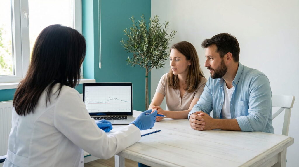 O doctoriță, văzută din spate și purtând mănuși albastre, discută cu un cuplu (un bărbat și o femeie) așezat la un birou alb într-un cabinet clinic luminos. Ei privesc spre un laptop deschis care afișează un grafic medical. În fundal se vede un perete turcoaz și un măslin în ghiveci.