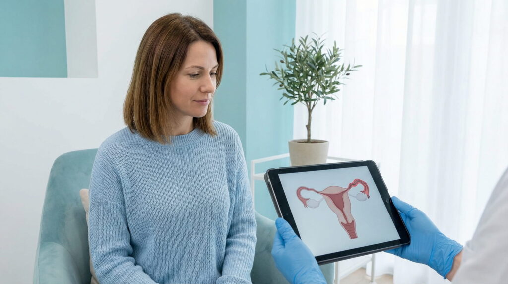 Pacientă în pulover albastru privind o tabletă cu diagrama uterului, ținută de un medic cu mănuși albastre într-o clinică modernă.