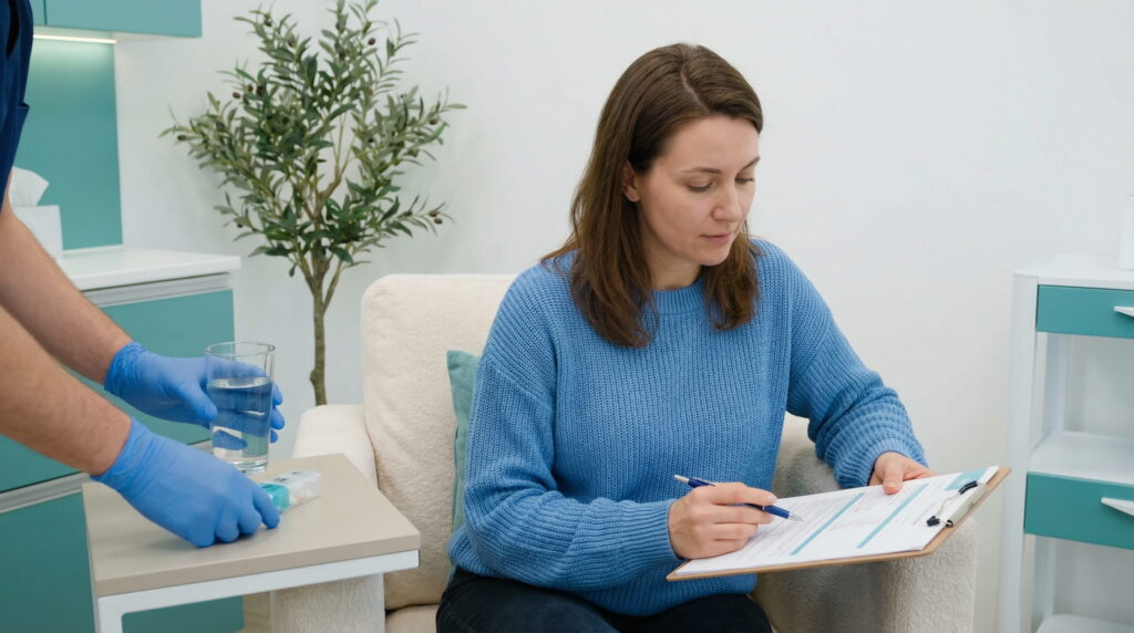Pacientă femeie într-un pulover albastru completând un formular pe clipboard, în timp ce mâini cu mănuși albastre așează un pahar cu apă și medicamente pe o masă alăturată într-o clinică modernă cu accente turcoaz.