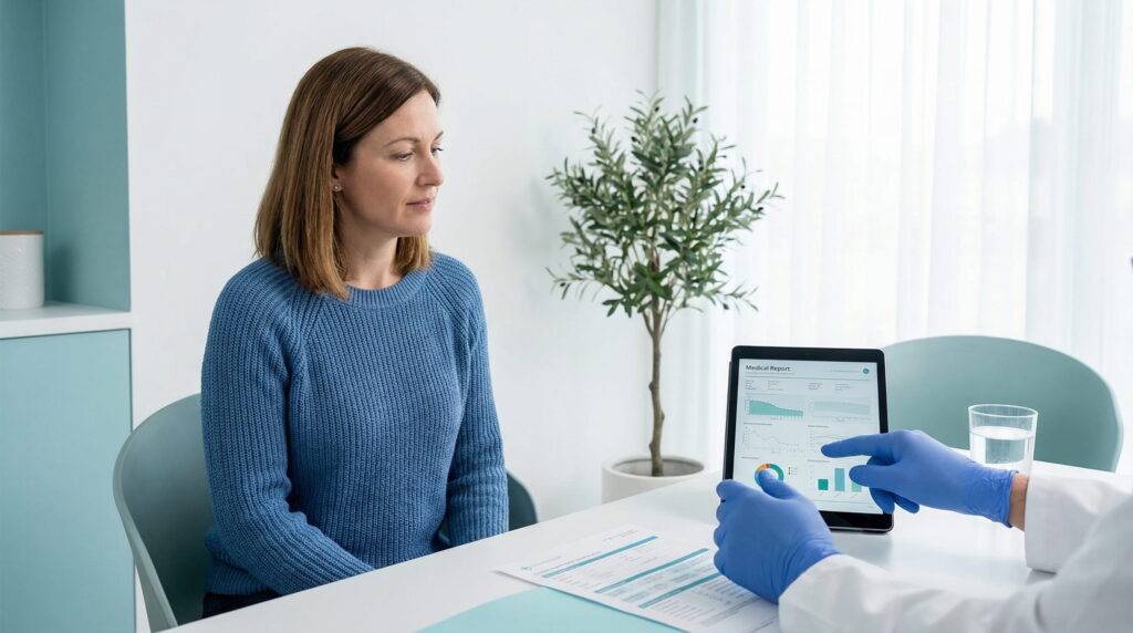 Pacientă așezată la birou în fața unui medic cu mănuși albastre, care îi explică un raport medical cu grafice afișat pe o tabletă, într-un cabinet clinic luminos cu accente turcoaz.