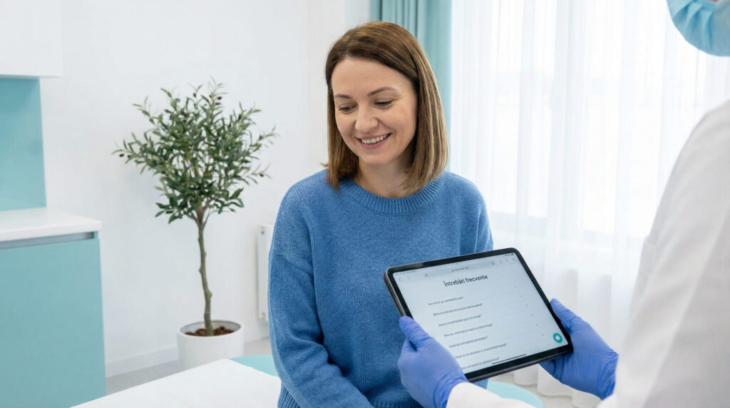 Pacientă zâmbitoare într-un pulover albastru privind o tabletă pe care scrie "Întrebări frecvente", ținută de mâini cu mănuși albastre într-un cabinet medical luminos cu accente turcoaz.