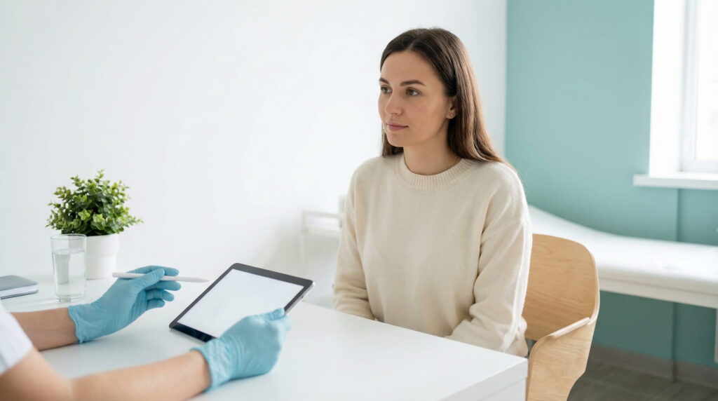 Medic cu mănuși albastre folosind o tabletă pentru a explica informații unei paciente așezate la un birou într-un cabinet medical modern și luminos.