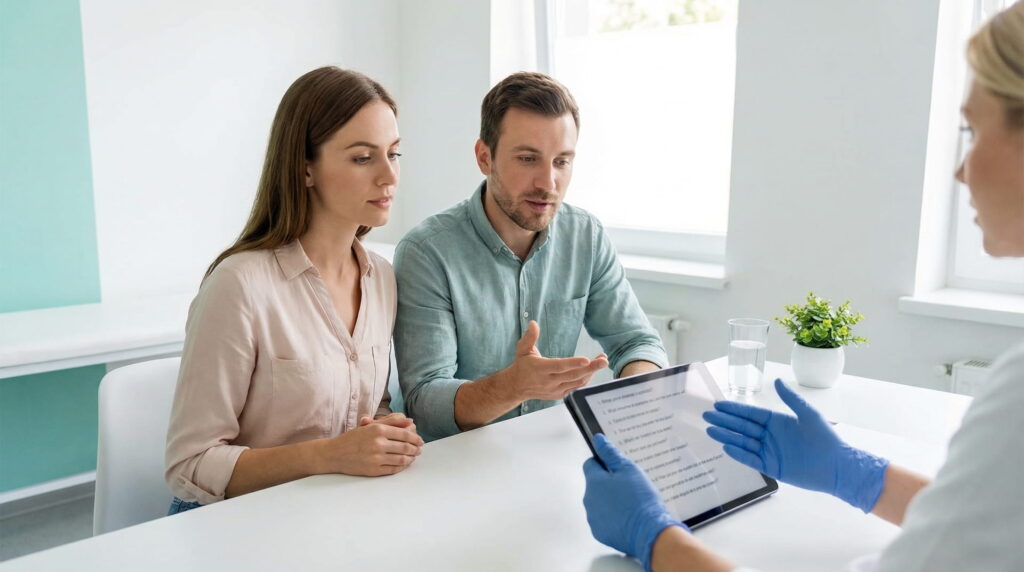 Cuplu la consultație medicală discutând despre endometrioză și menopauză precoce împreună cu un specialist în fertilitate