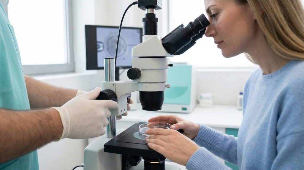 O femeie blondă privește printr-un microscop de laborator, în timp ce mâinile în mănuși chirurgicale ale unui bărbat ajustează aparatul. Pe o plită încălzită se află o cutie Petri, iar în fundal, pe un monitor, este vizibilă o imagine microscopică neclară.
