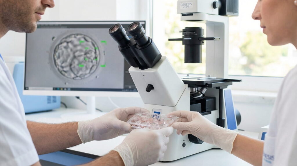 Doi embriologi (bărbat și femeie) în halate albe și mănuși țin împreună cu grijă o plăcuță de cultură multi-well lângă un microscop performant. În fundal, un monitor mare afișează imaginea microscopică a unui embrion (blastocist) cu marcaje verzi de analiză.