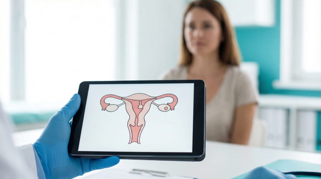 Prim-plan cu mâinile înmănușate ale unui medic ținând o tabletă ce afișează o diagramă a uterului, cu o pacientă în fundal neclar, într-un cabinet medical.