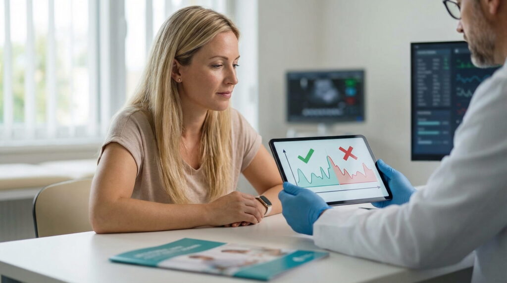 Pacientă la GENESIS ATHENS într-o discuție cu medicul, care folosește o tabletă pentru a arăta un grafic medical cu o bifă verde și un „X” roșu, clarificând interpretarea rezervei ovariene.