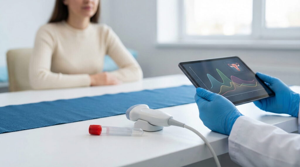 Mâinile unui medic cu mănuși albastre țin o tabletă ce afișează grafice hormonale și o ilustrație a ovarelor. Pe masa de consultație se află o sondă ecografică albă și o eprubetă de sânge cu capac roșu, iar în fundal, nefocalizată, se vede o pacientă.