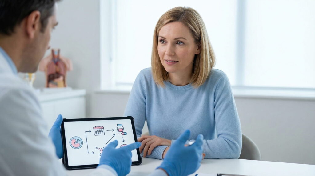 Într-un cabinet modern, un medic cu mănuși albastre discută cu o pacientă, arătându-i pe o tabletă un flux de diagrame care ilustrează diferite opțiuni de tratament pentru fertilitate, inclusiv un embrion stilizat și o schemă de administrare a medicamentelor.