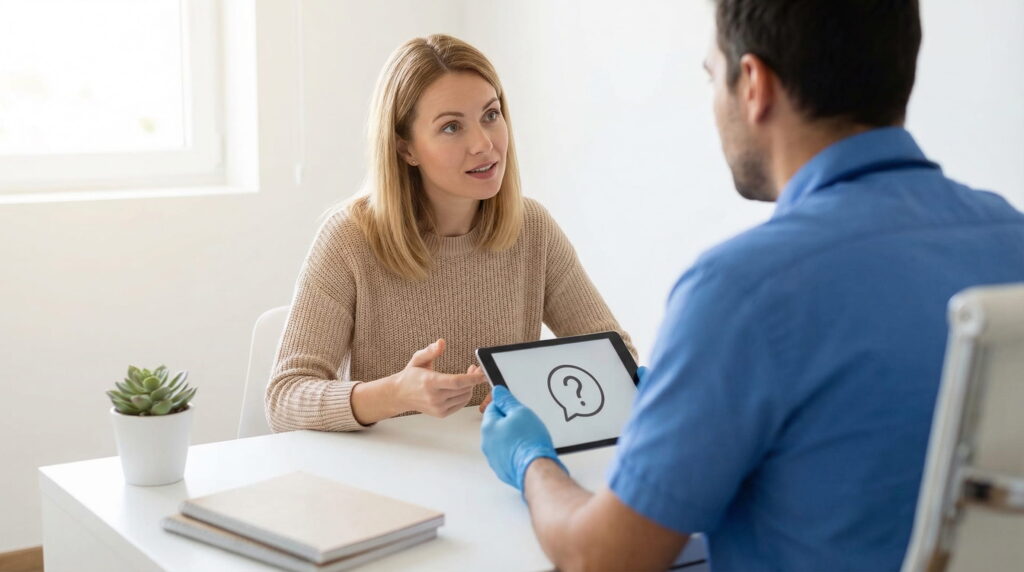 O femeie blondă, așezată la un birou într-o clinică luminoasă, gesticulează în timp ce îi pune o întrebare unui medic văzut din spate, care ține o tabletă afișând o pictogramă cu un semn de întrebare într-o bulă de dialog.