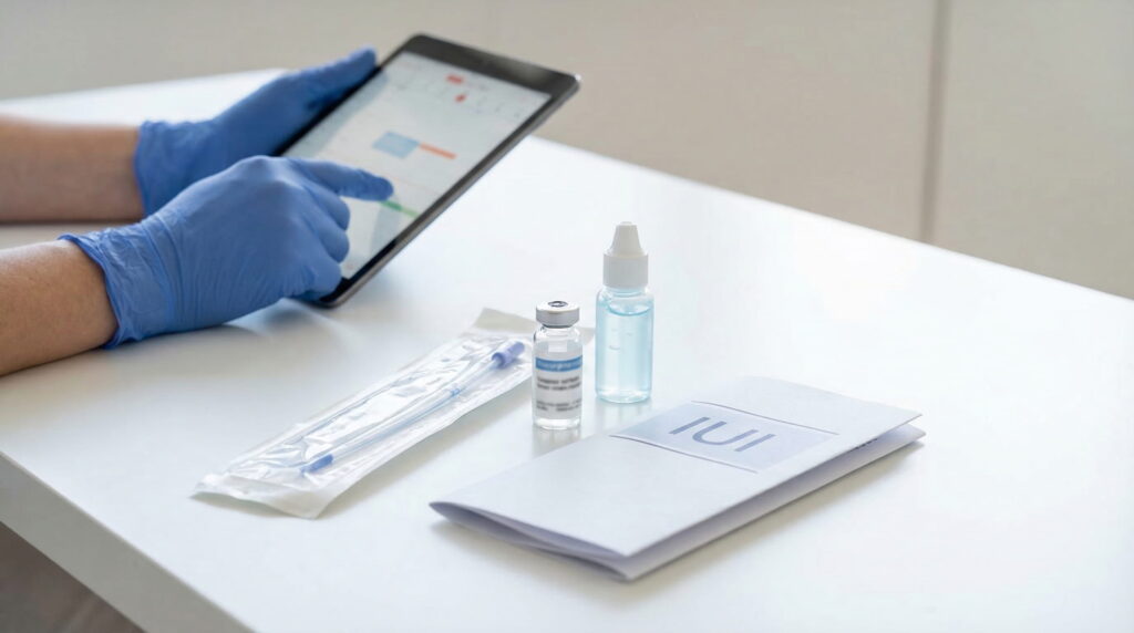 Imagine de aproape cu consumabile medicale pe o masă albă, incluzând un cateter steril, flacoane mici cu lichid, un pliant informativ cu inscripția "IUI" și mâinile cu mănuși albastre ale unui cadru medical folosind o tabletă pentru programare, ilustrând ce este inclus în prețul procedurii de inseminare intrauterină.